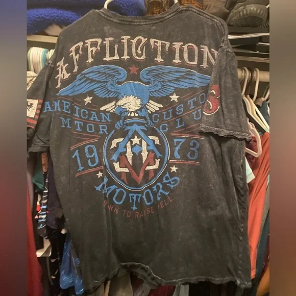 Affliction T-Shirt Black Eagle Wings Short Sleeve Motor Club 1973 2XL - Picture 1 of 5